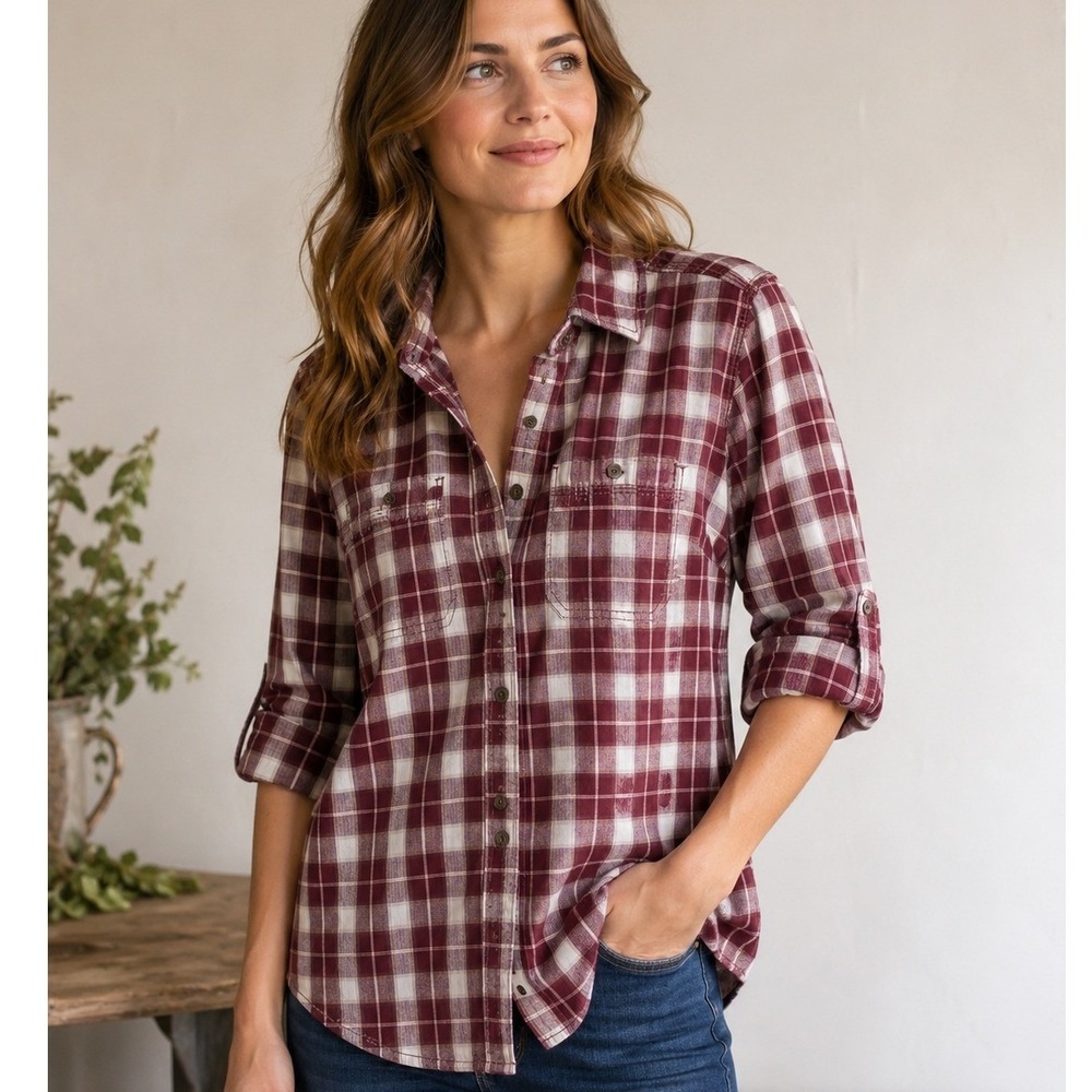 Carhartt Plaid Button Down Shirt Women's Large Burgundy Cream Cotton Workwea